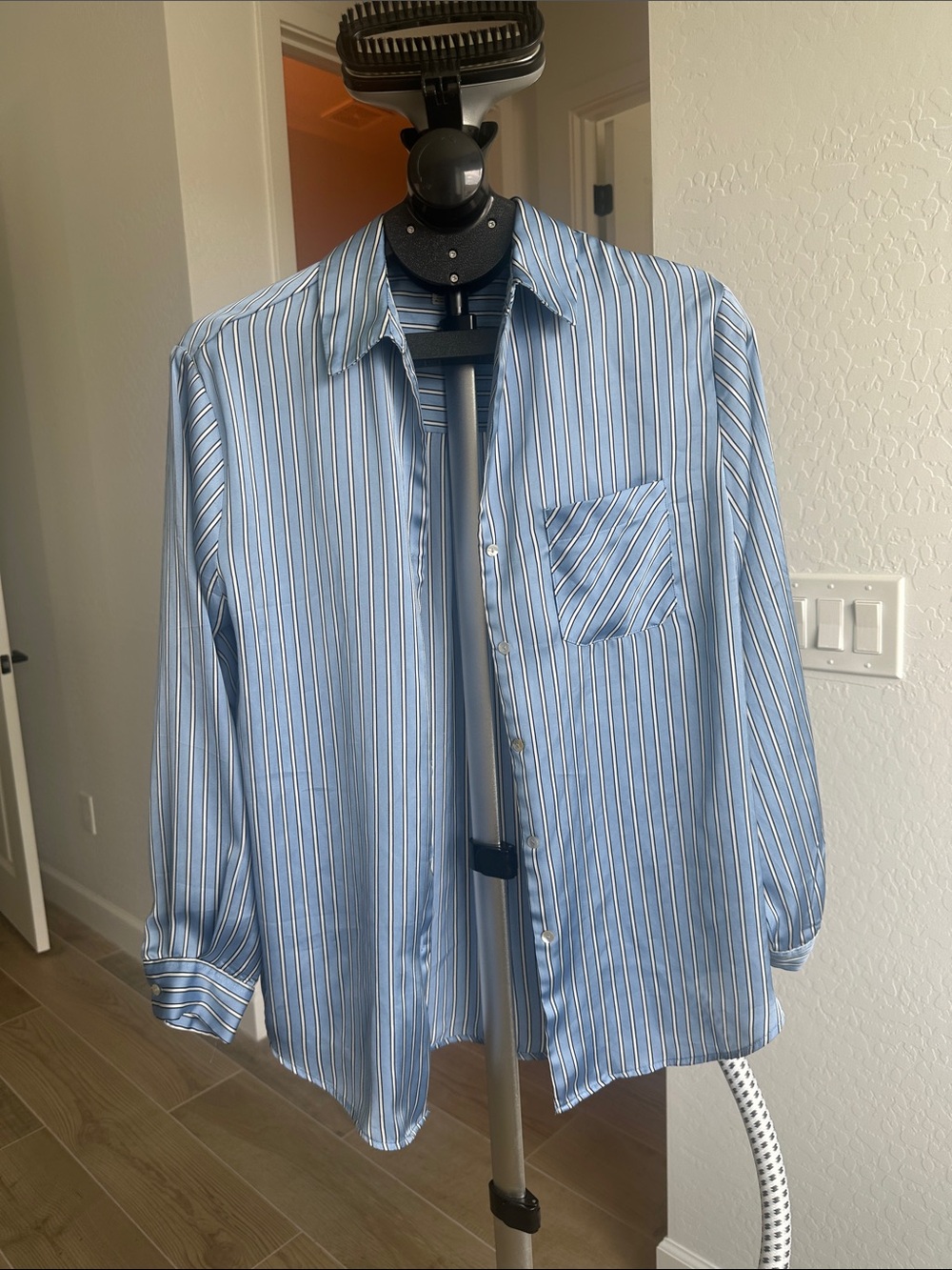 Women's Light Blue Striped Silk Button-Down Shirt with Front Pocket